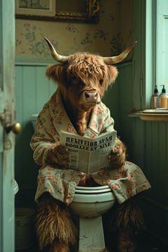 Shaggy highland cow reads newspaper on the toilet by Felix Brönnimann