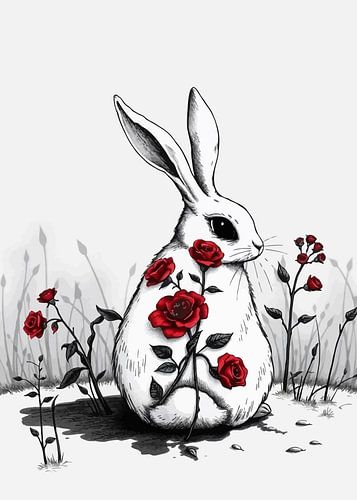 Wit konijn met rode roos - Minimal Stille Kalmte