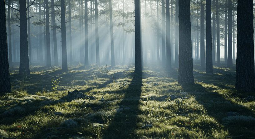 Rays of sunshine in the forest - light-flooded forest landscape as wall art by ButterflyPix