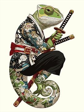 Kameleon Samurai - Getatoeëerde krijger met katana messen van Ramy Salah Hefny