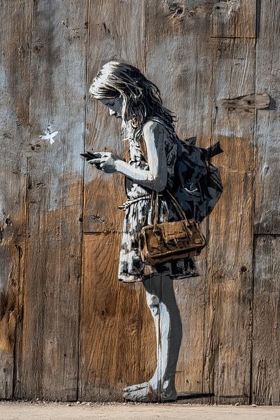 Graffiti-Porträt eines Mädchens mit Smartphone von BowiScapes Abstrakt und digitale Kunst