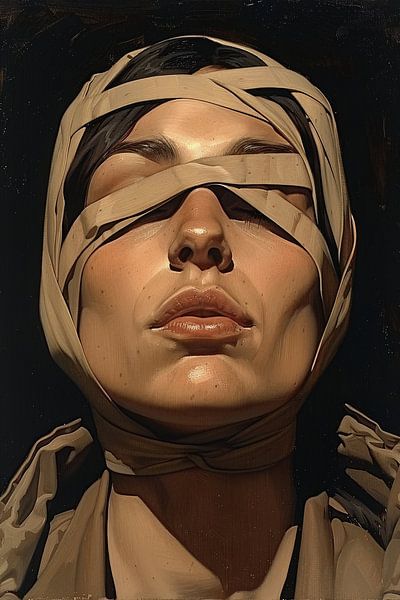 Vrouw met verband over ogen in surrealistische stijl van Art & Soul Creations