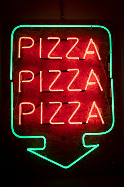 Neon Pizza sign in Soho London UK by Christa Stroo photography