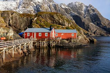 Rode houten hutten op palen boven de zee