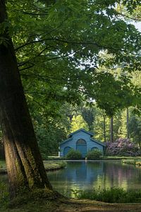 Lente in het Paleispark: rododendrons bij het blauwe boothuis van Moetwil en van Dijk - Fotografie