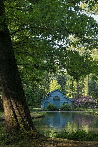Lente in het Paleispark: rododendrons bij het blauwe boothuis