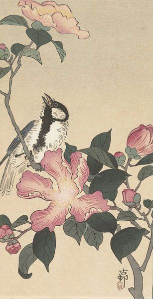 Great tit on branch with pink flowers from Ohara Koson by Gave Meesters