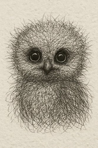 Wire portrait baby owl (cute soft fluffy big eyes beak nature bird lovers drawing)