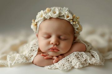 Slapend pasgeboren meisje in de eerste levensdagen met gebreide muts van Animaflora PicsStock