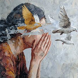 Distorted Human Feeding Fragile Glass Birds in Dark Surreal Emotional Abstract Scene by Aden Pink Studio