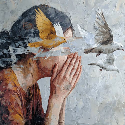 Des personnages déformés nourrissant des oiseaux de verre fragiles dans une scène abstraite, surréaliste et chargée d'émotion