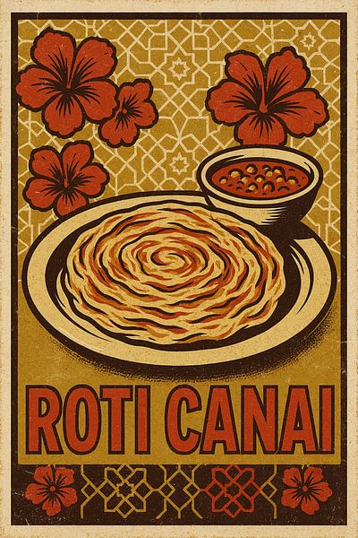 Retro Roti Canai Poster - Malaysisches Fladenbrot Lebensmittel Kunst von Travel Shop