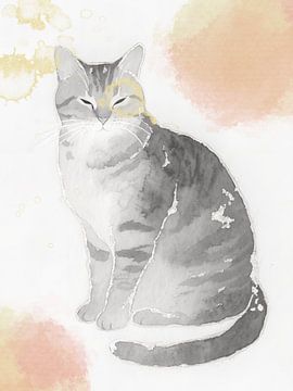 Ruhige Tabbykatze – Minimalistische Aquarellillustration von Keny Studio