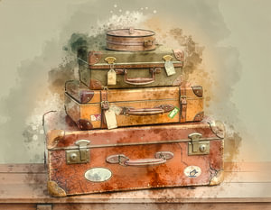 Künstlerische Aquarellmalerei von gestapelten Vintage-Koffer für eine nostalgische Reise