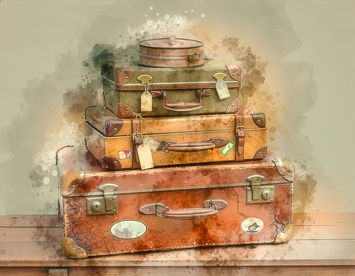 Aquarelle artistique représentant des valises vintage empilées, pour un voyage nostalgique sur Animaflora PicsStock