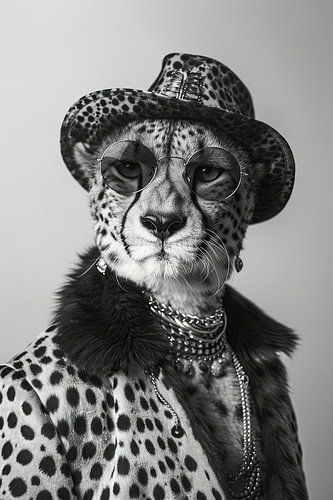 Stijlvolle cheetah met hoed en zonnebril in zwart en wit