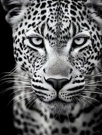 Léopard - regard intense en close-up monochrome