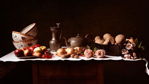Stillife with bowls, potatoes, apples, roses and onions