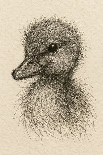 Draad portret jonge eend (kinderkamer Boho realistische tekening klein lief schattig baby diertje )