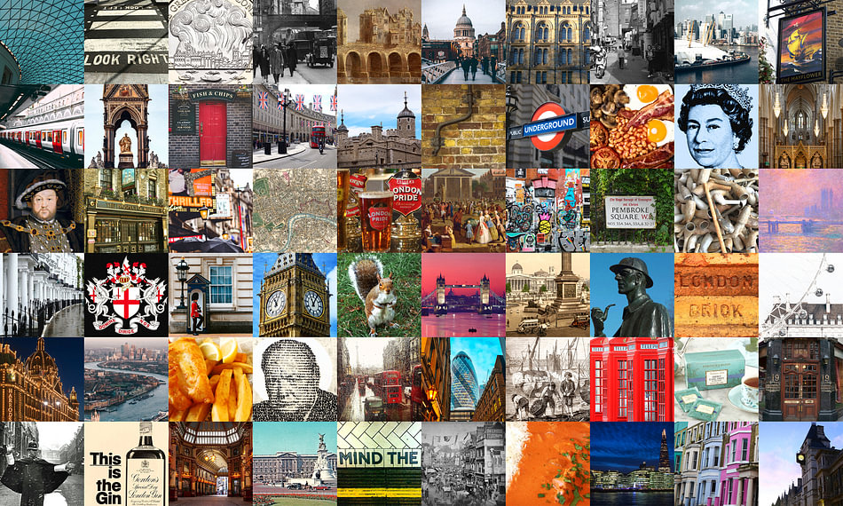 Alles van Londen - collage van typische beelden van de stad en historie ...