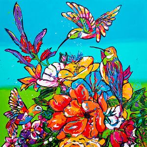 Kolibris zwischen Blumen von Happy Paintings