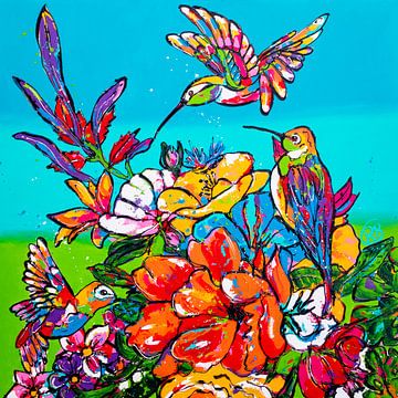 Kolibries tussen de bloemen van Happy Paintings