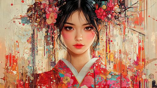 Japanese Woman in Red Kimono