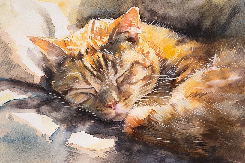 Aquarell einer schlafenden Katze auf einem Kopfkissen von Imperial Art House