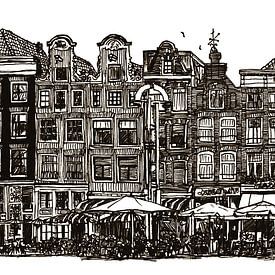 Tekening Amsterdam Centrum Nieuwmarkt Sepia Lijntekening Pentekening van Hendrik-Jan Kornelis