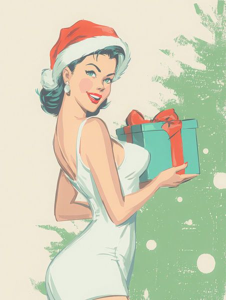 Retro kerst pin-up vrouw met cadeau in vintage stijl vol charme en feestelijke sfeer van But First Framing