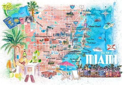 Miami Florida Illustrierte Reisekarte mit Straßen und Highlights