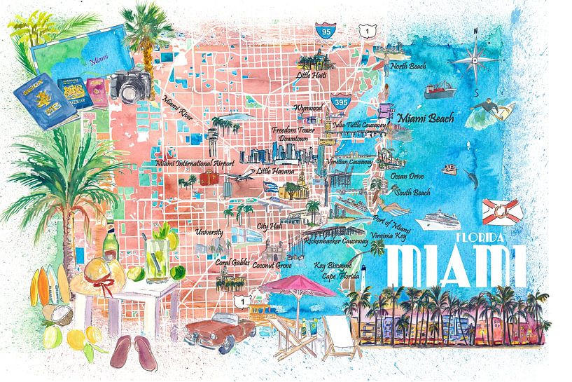 Miami Florida Carte de voyage illustrée avec les rues et les points saillants par Markus Bleichner