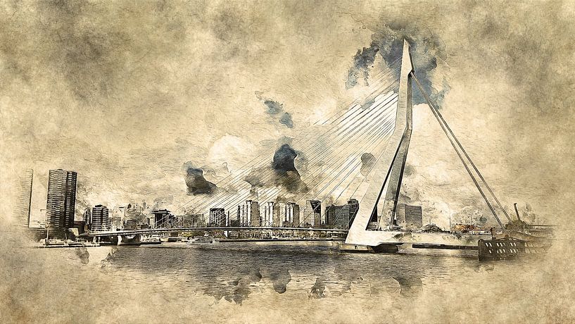 The Erasmus Bridge in Rotterdam (old style, watercolor) by Art by Jeronimo