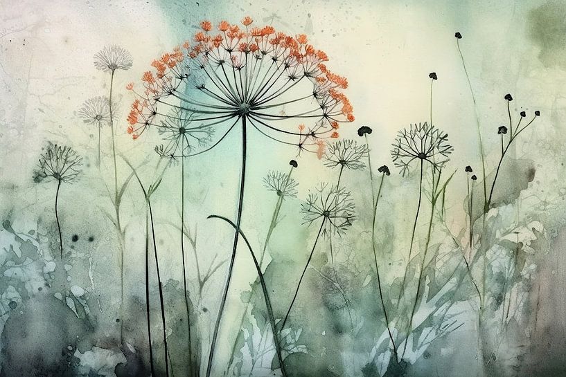 Berce du Caucase | Errance dans la richesse des fleurs | Berce du Caucase | Sumi-e par Peintures accrocheuses