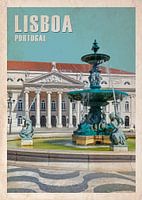 Lisbon, Portugal. Rossio Square Retro Vintage Travel Poster with Fountain and Dona Maria II Theater