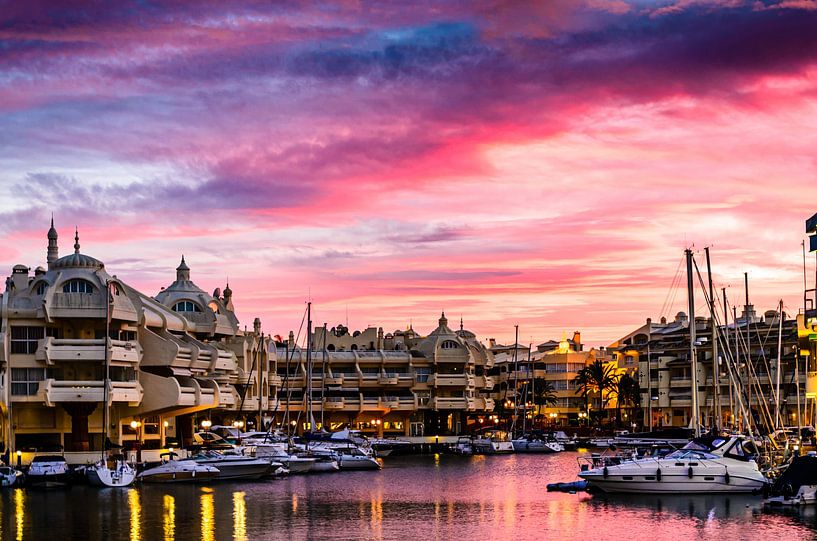 Marina sports harbor with boats at sunset in Benalmadena Andalusia Spain by Dieter Walther