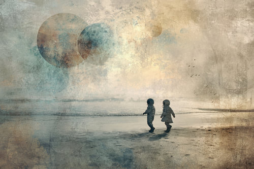 Astronauts and Children on a Dreamy Beach - Surreal Artwork for a Fantasy Interior