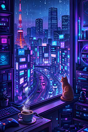 Coffee Cat Neon Tokyo Tower by Vicky Hanggara