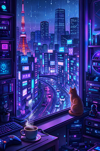Coffee Cat Neon Tokyo Tower