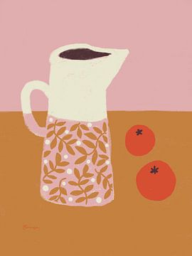 Pichet avec oranges - Illustration colorée en jaune ocre et rose sur Anna Benge