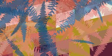 Kleurrijke abstracte botanische kunst. Varensbladeren in blauw op paars en groen
