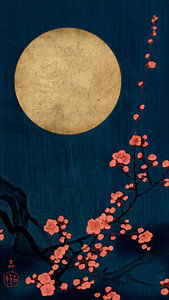 Traditioneller japanischer Holzschnitt: Blühende Kirschblüten bei Vollmond in Nachtblau