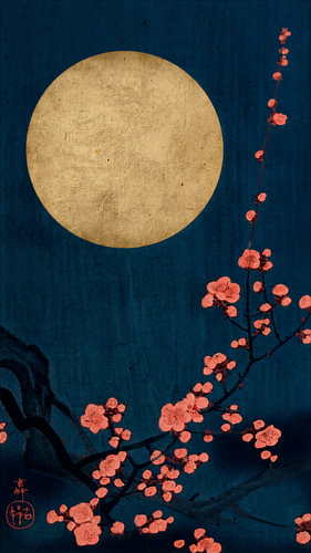 Traditional Japanese print: Blossoms in full bloom under a full moon in Night Blue