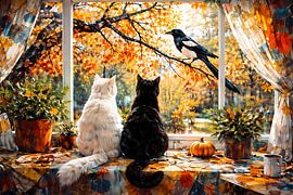 Deux chats et une pie sur Linda de Klein