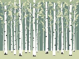 Gelassener Birkenwald: Ein minimalistischer und moderner Kunstdruck einer ruhigen Waldszene mit hellgrünen und salbeifarbenen Blättern
