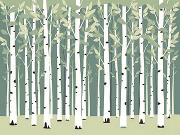 Serene Birch Forest: A Minimalist and Modern Art Print of a Tranquil Woodland Scene with Light Green and Sage Leaves by Artistic