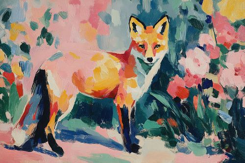 Vos in bloemen - Abstract olieverfschilderij