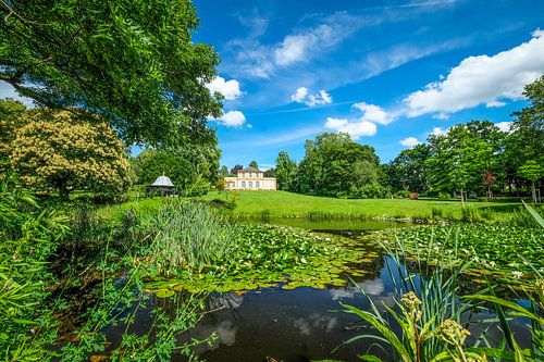 Pittoresk uitzicht op het kasteel in de Prins Emil-tuin met vijver en paviljoen