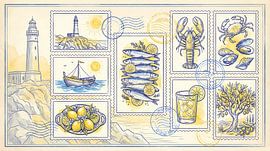 Coastal Mediterranean Postage Stamp Collage by Ariadna de Raadt-Goldberg