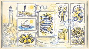Collage aus Briefmarken der Mittelmeerküste